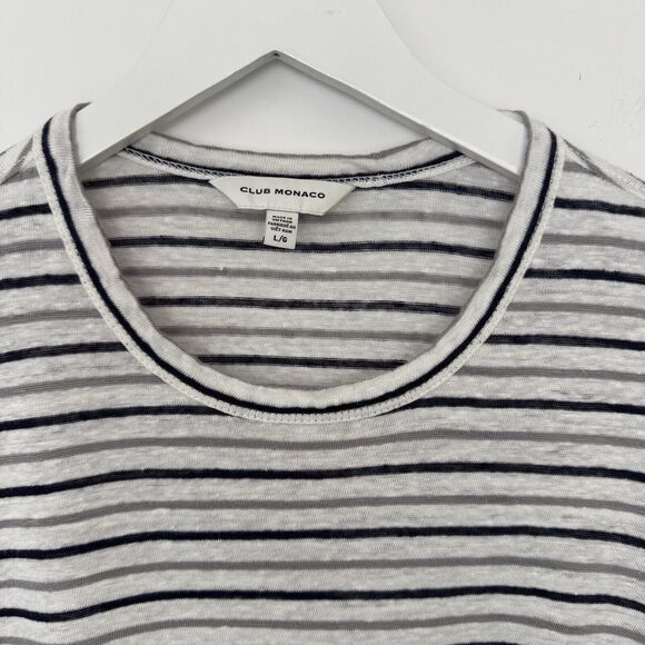 Club Monaco 100% Linen Striped Long Sleeve Tee Round Neck Stretch Thin Large EUC - Picture 4 of 13